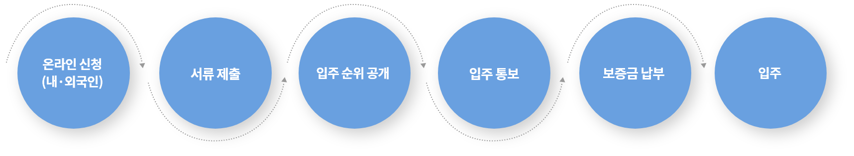 온라인 신청(내·외국인) > 서류제출 > 입주 순위 공개 > 입주 통보 > 보증금 납부 > 입주